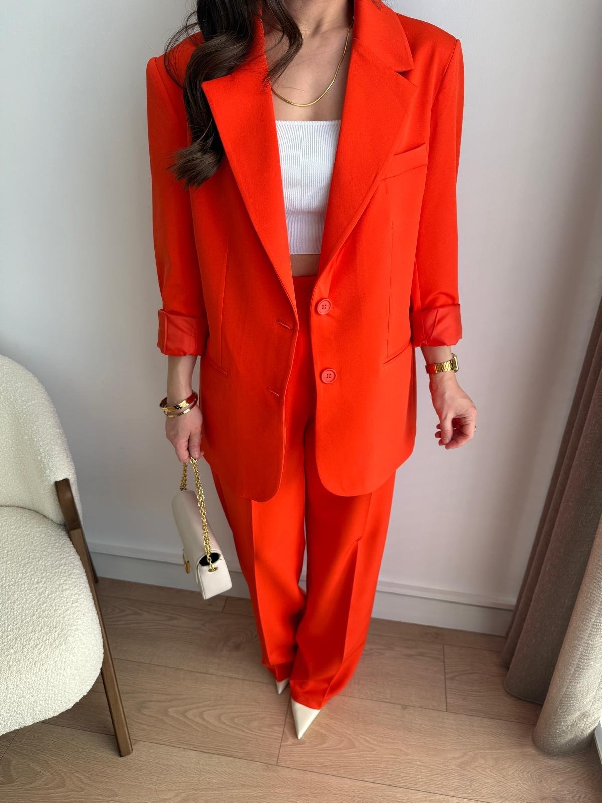 Nar çiçeği Vatkalı Astarlı Bol Paça Blazer Ceket Pantolon Takım 43356