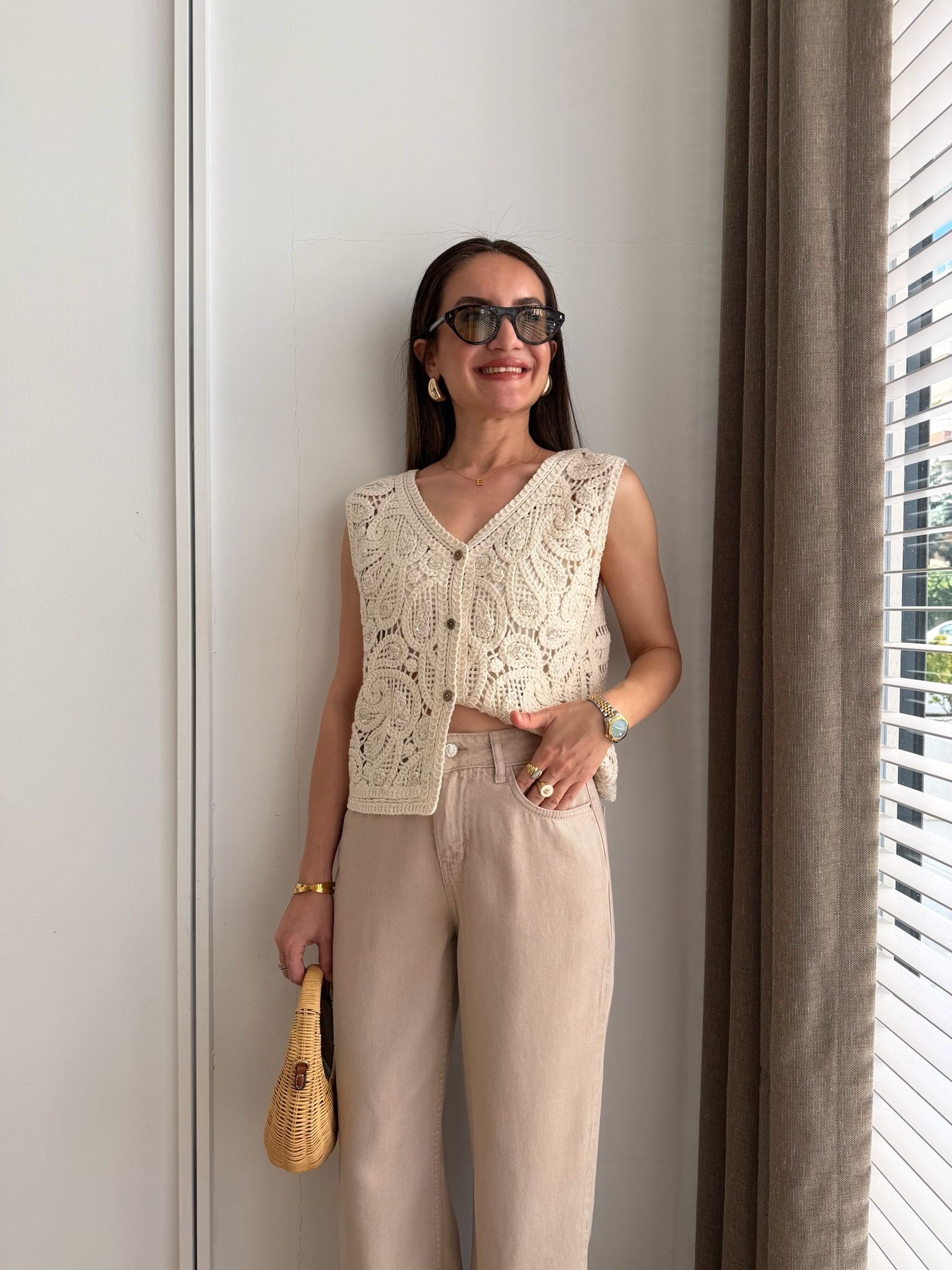 Naturel Boncuk İşlemeli Örme Yelek 39732