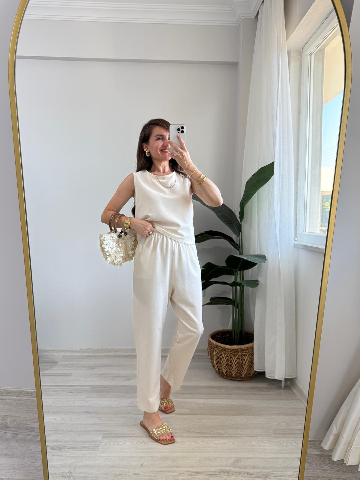 Naturel Keten Sıfır Kol Bluz Pantolon Takım 8796