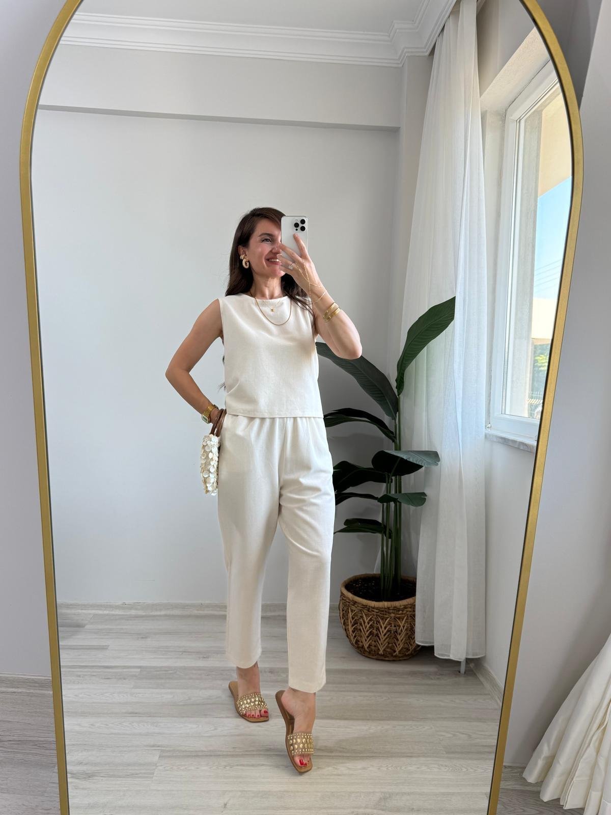 Naturel Keten Sıfır Kol Bluz Pantolon Takım 8796