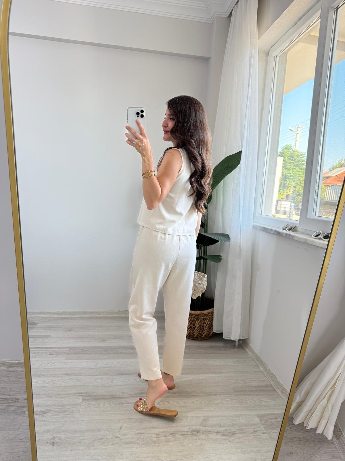 Naturel Keten Sıfır Kol Bluz Pantolon Takım 8796
