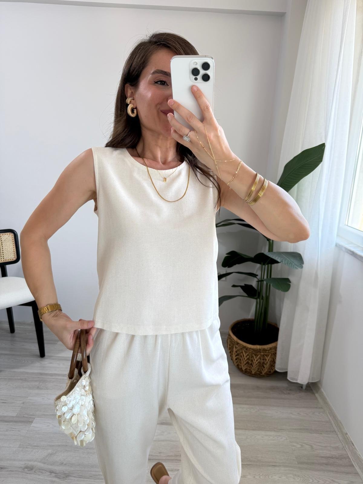 Naturel Keten Sıfır Kol Bluz Pantolon Takım 8796