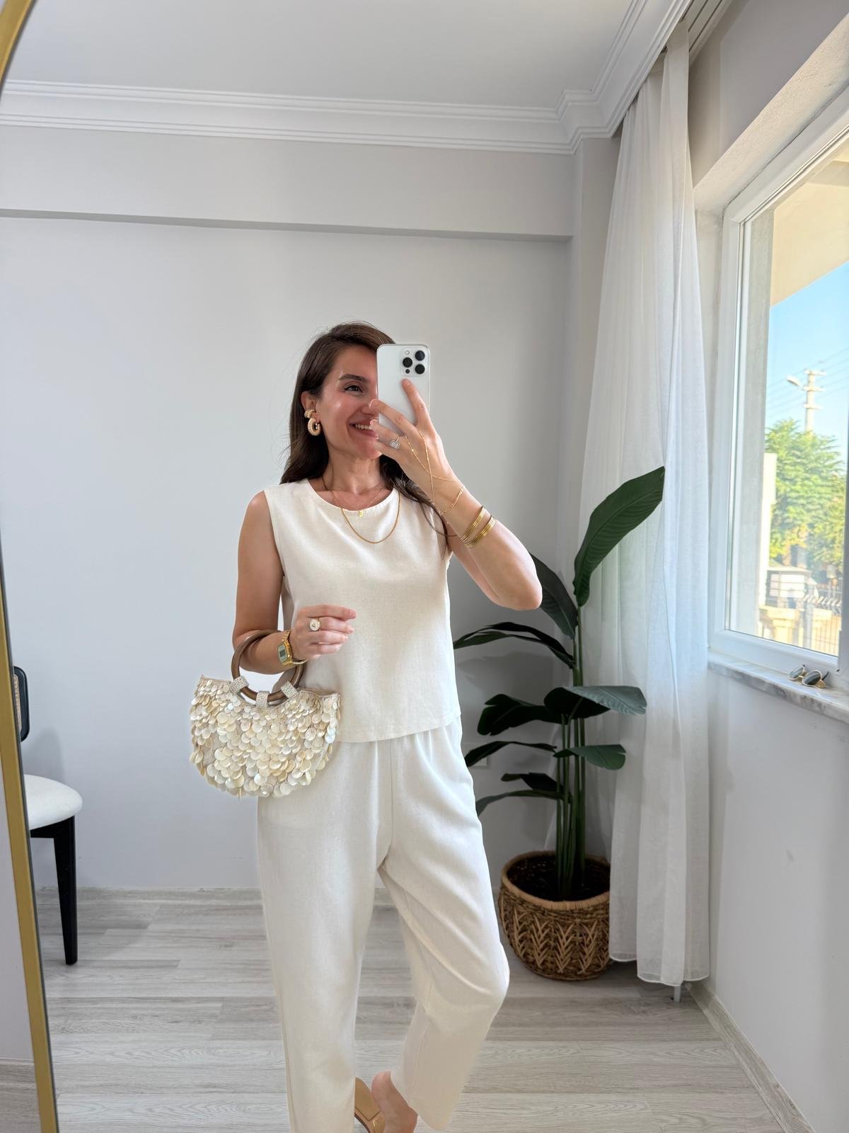 Naturel Keten Sıfır Kol Bluz Pantolon Takım 8796