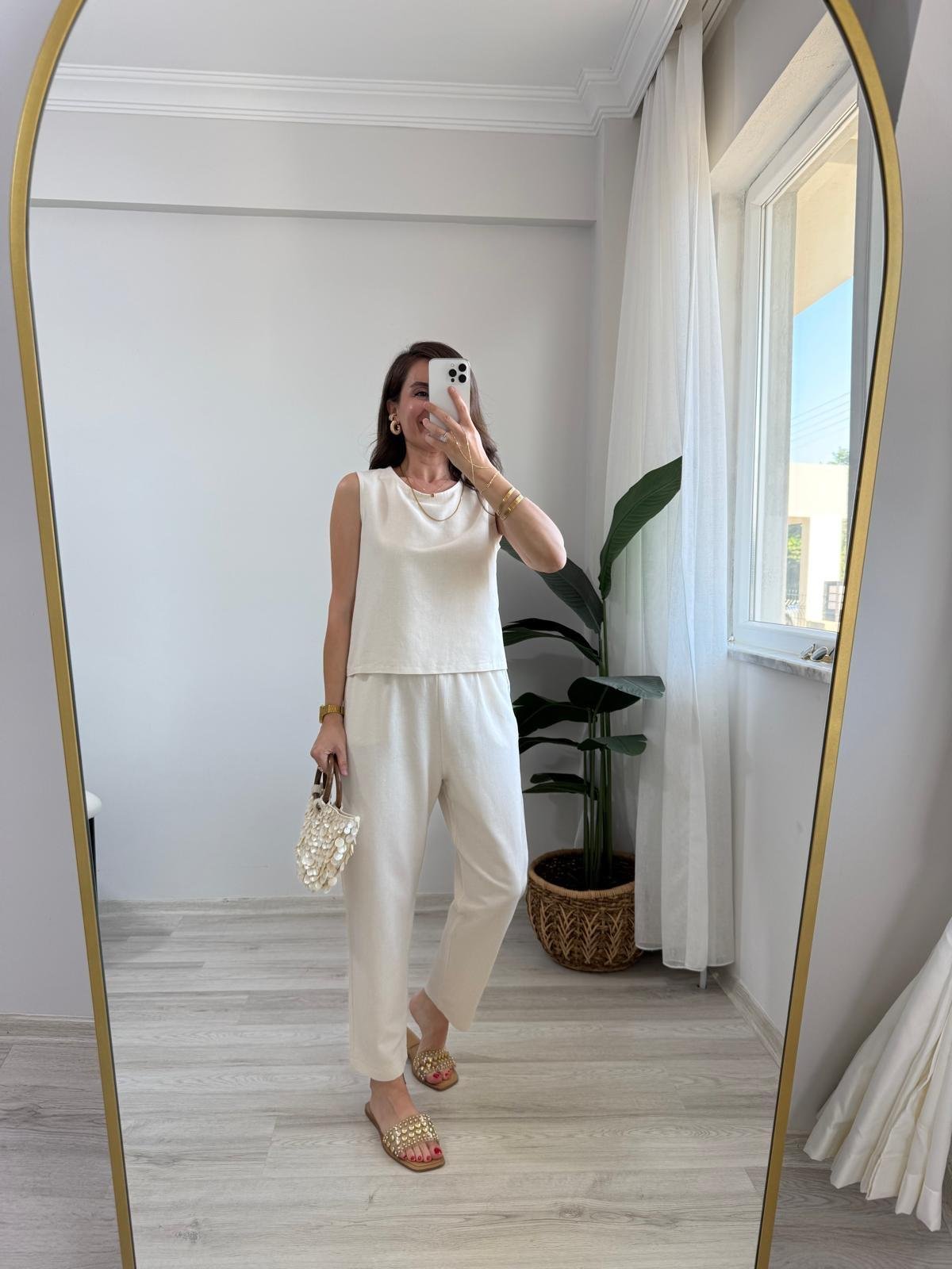 Naturel Keten Sıfır Kol Bluz Pantolon Takım 8796