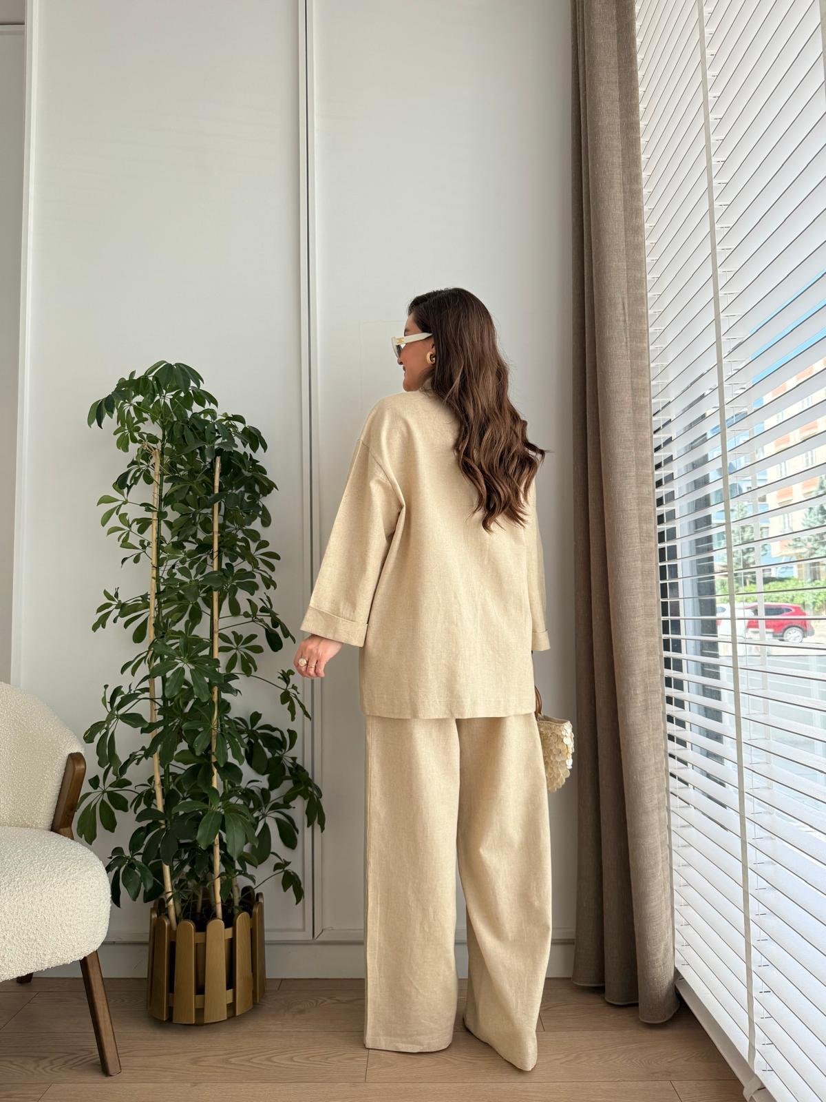 Naturel Kruvaze Yaka Double Kol Ceket Pantolon Takım 7229