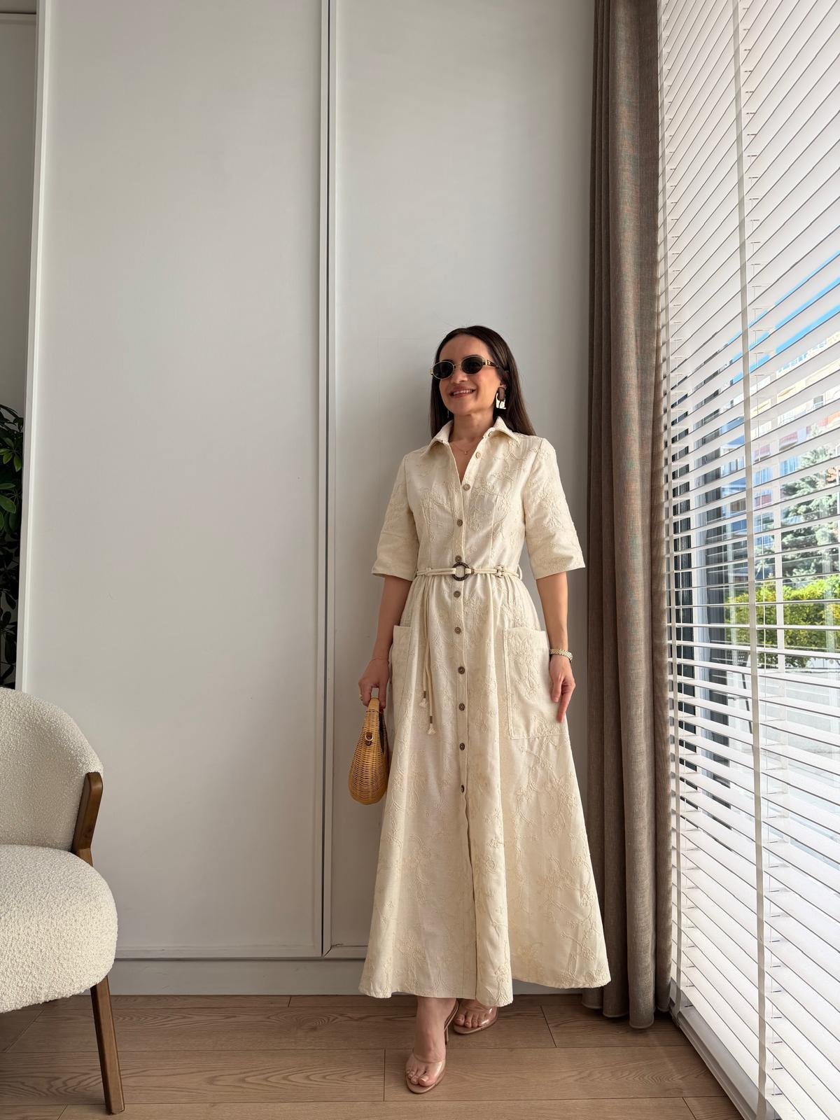 Naturel Nakışlı Halat Kemerli Elbise 86248