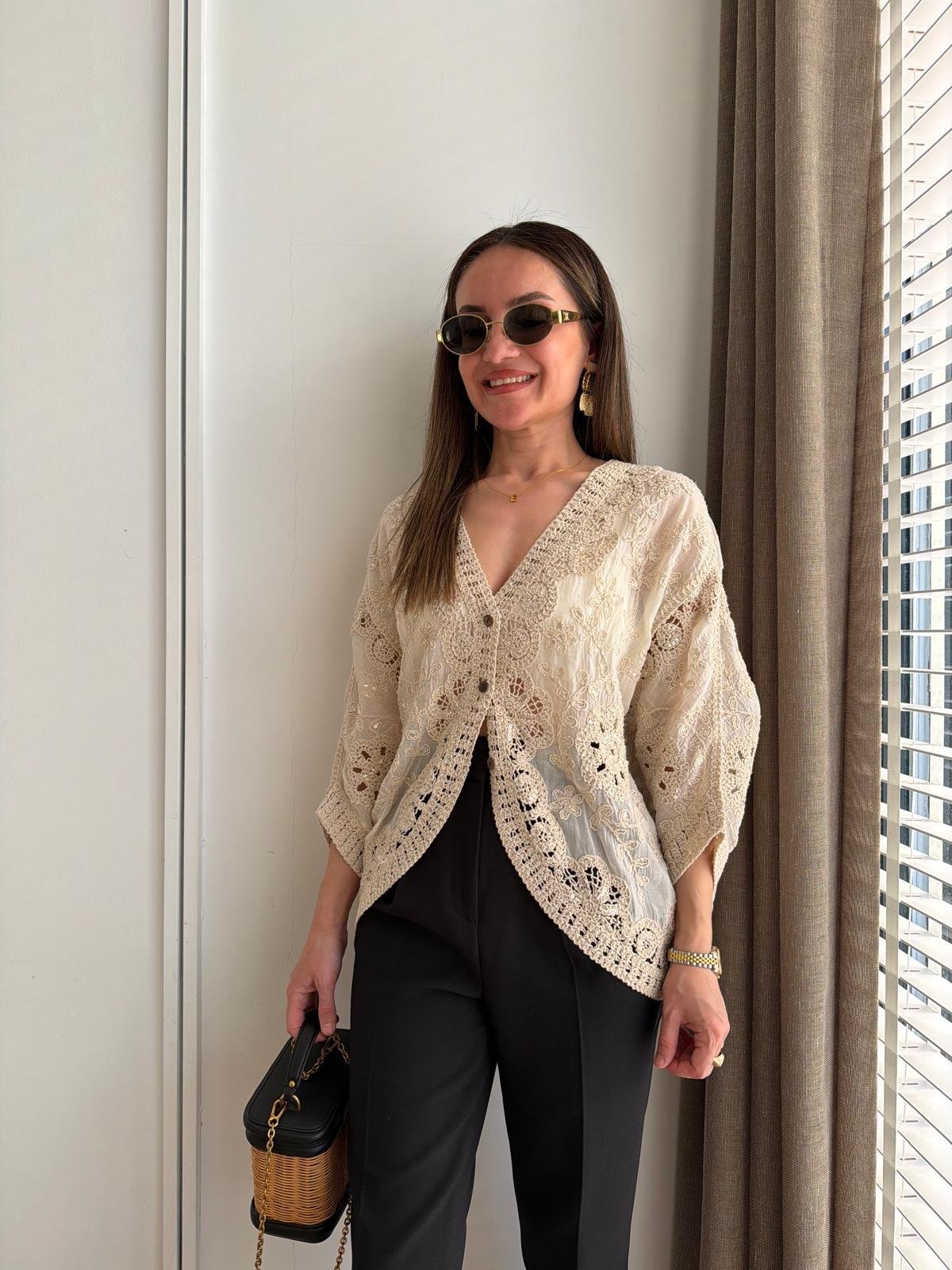 Naturel Pullu Dantel İşlemeli Kimono 39750