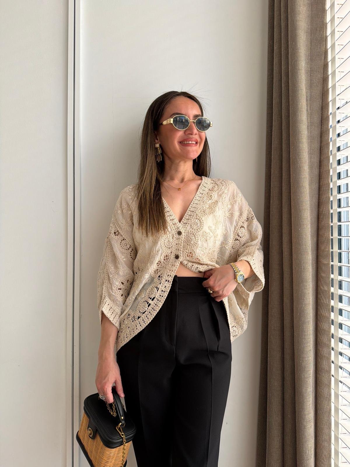 Naturel Pullu Dantel İşlemeli Kimono 39750