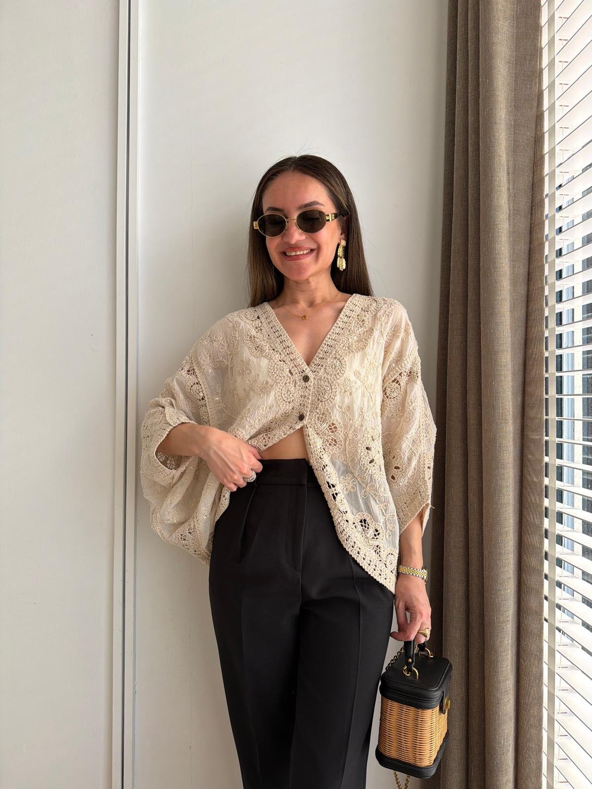 Naturel Pullu Dantel İşlemeli Kimono 39750