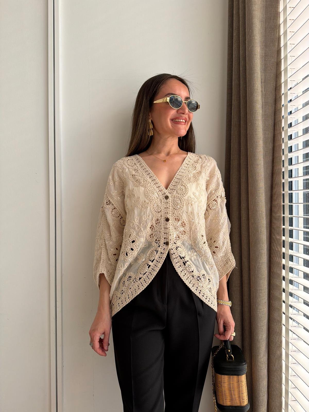 Naturel Pullu Dantel İşlemeli Kimono 39750