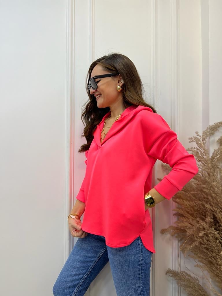 Neon Fuşya Scuba Kumaş Kapüşonlu Sweatshirt 1001