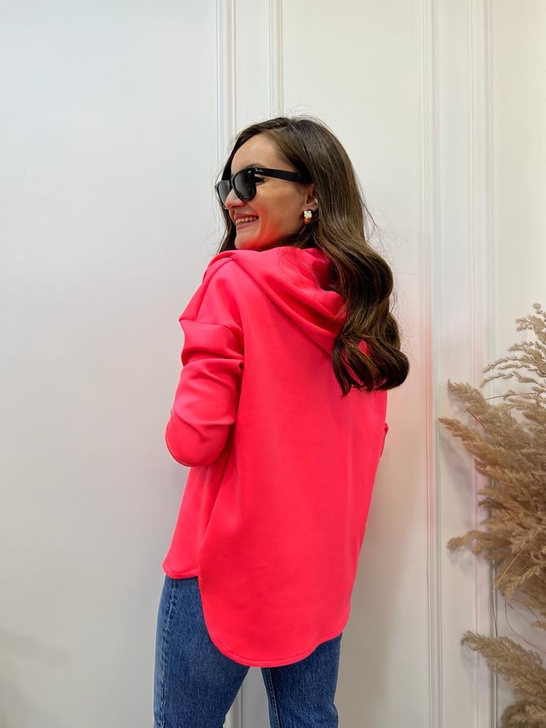 Neon Fuşya Scuba Kumaş Kapüşonlu Sweatshirt 1001
