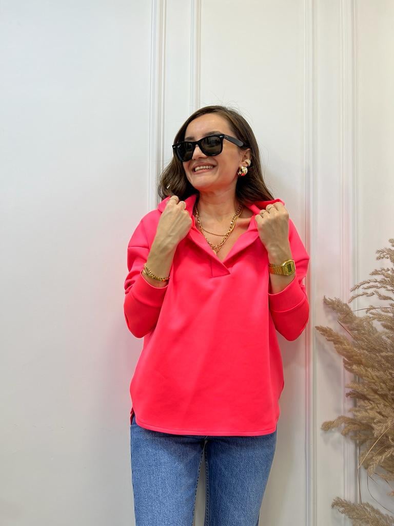 Neon Fuşya Scuba Kumaş Kapüşonlu Sweatshirt 1001