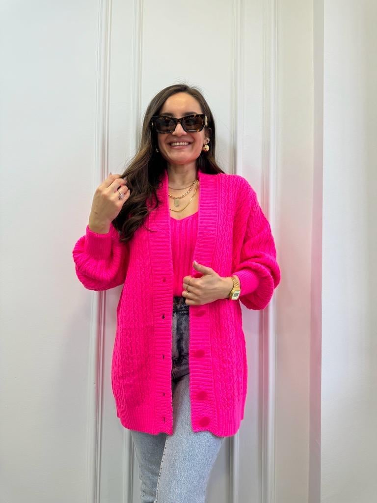 Neon pembe Saç Örgü Desenli Atletli Hırka Takım 2221