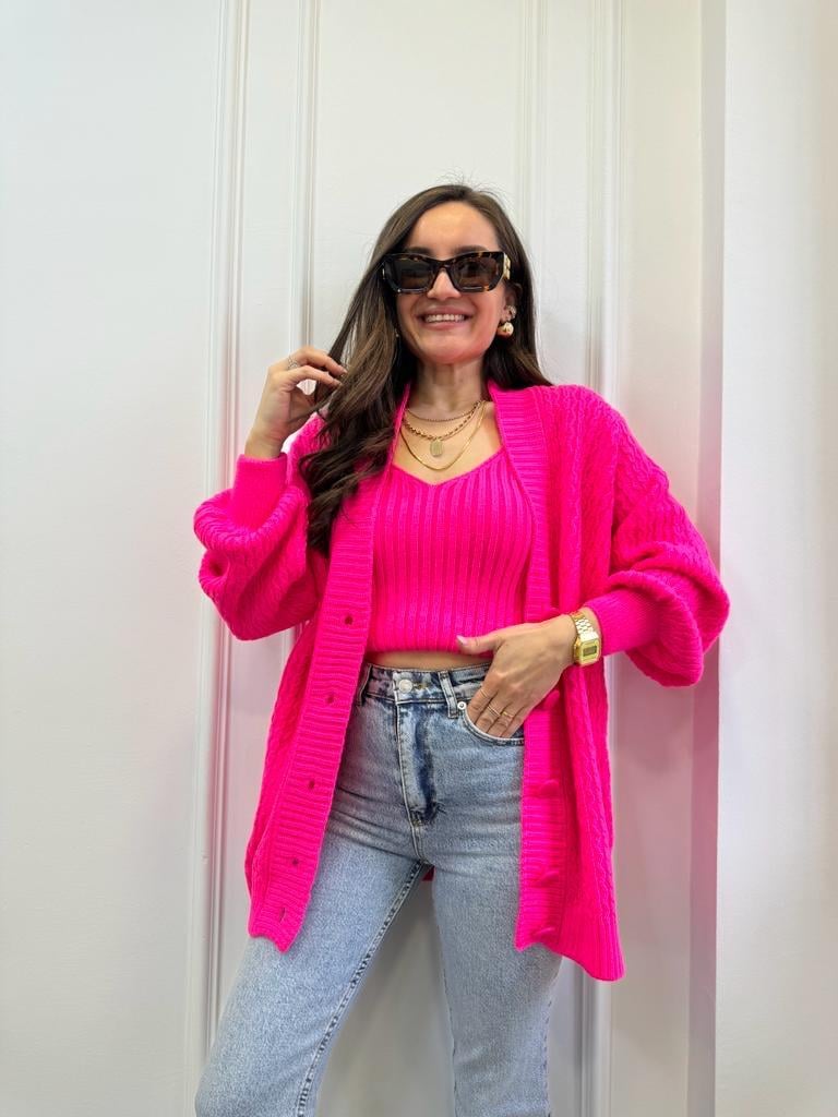 Neon pembe Saç Örgü Desenli Atletli Hırka Takım 2221