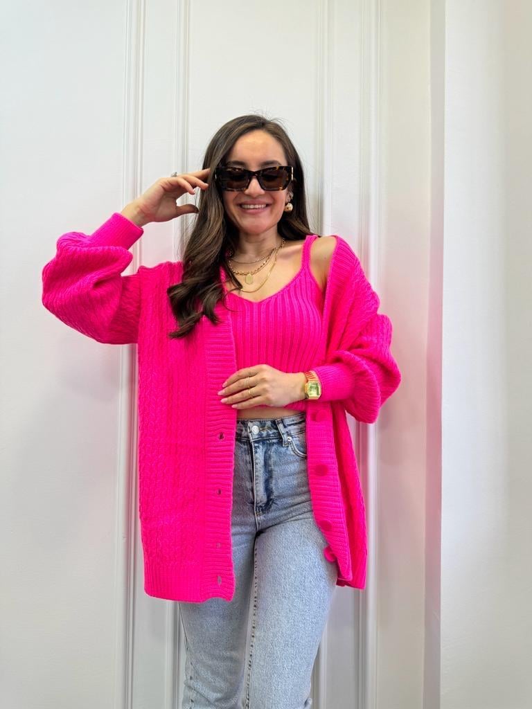 Neon pembe Saç Örgü Desenli Atletli Hırka Takım 2221