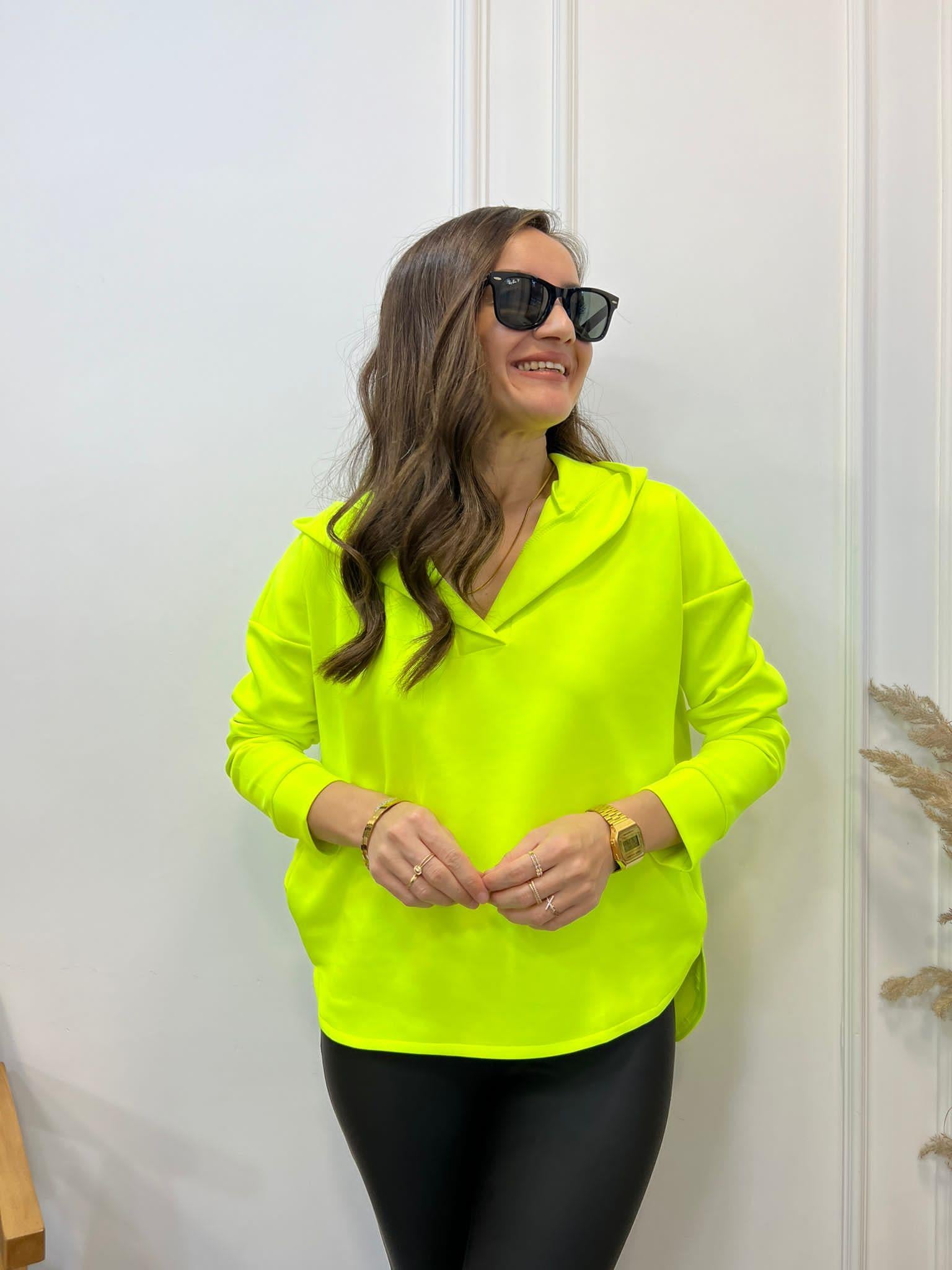 Neon Sarı Scuba Kumaş Kapüşonlu Sweatshirt 1001
