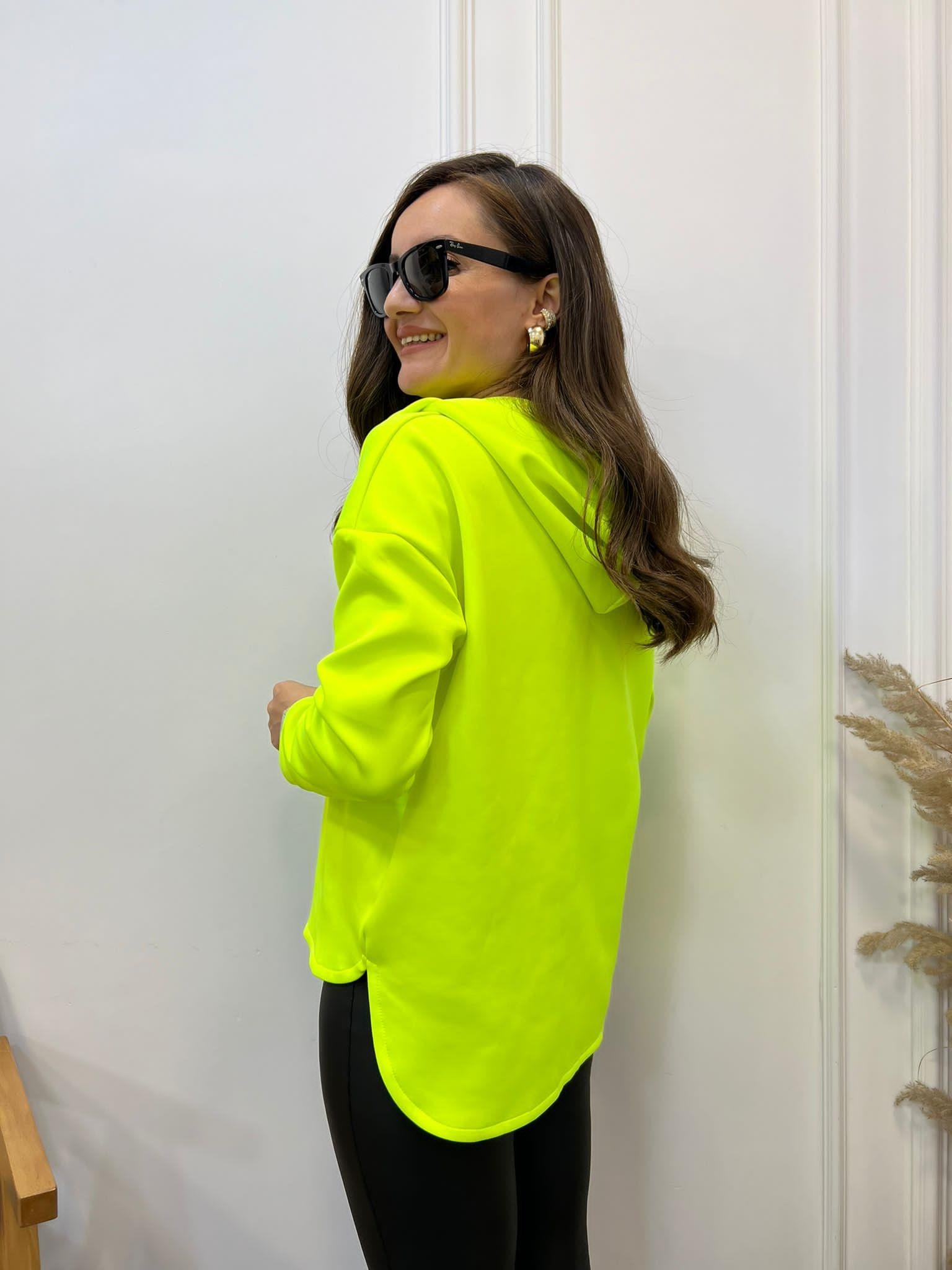 Neon Sarı Scuba Kumaş Kapüşonlu Sweatshirt 1001