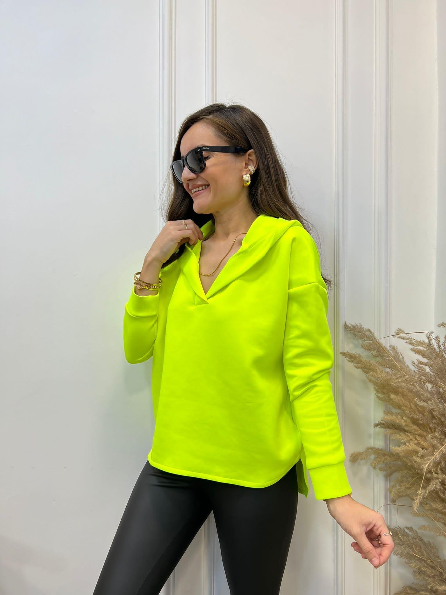 Neon Sarı Scuba Kumaş Kapüşonlu Sweatshirt 1001