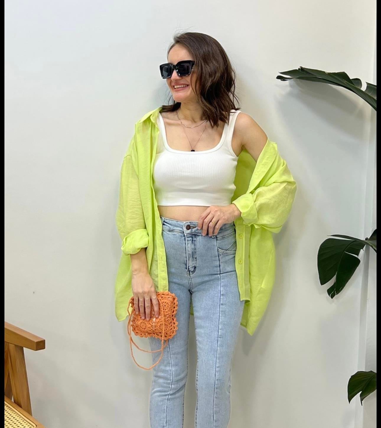 Neon yeşili Lüx Kalite Oversize Gömlek 4612