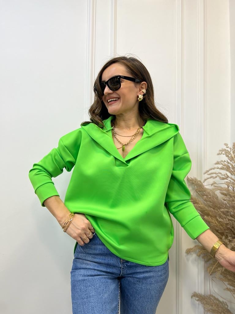 Neon Yeşili Scuba Kumaş Kapüşonlu Sweatshirt 1001