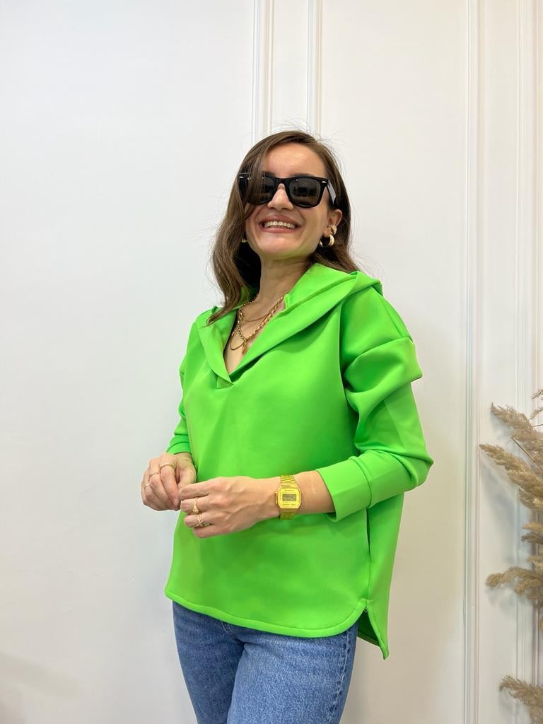 Neon Yeşili Scuba Kumaş Kapüşonlu Sweatshirt 1001