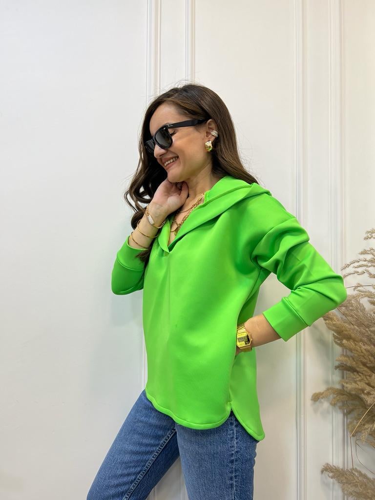Neon Yeşili Scuba Kumaş Kapüşonlu Sweatshirt 1001