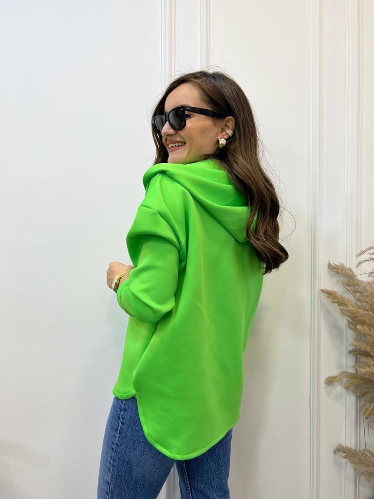 Neon Yeşili Scuba Kumaş Kapüşonlu Sweatshirt 1001