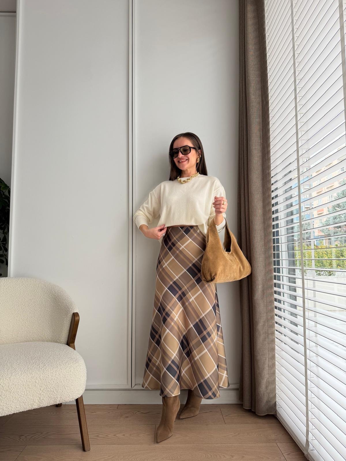 Olive Ekose Desen Saten Etek 255334