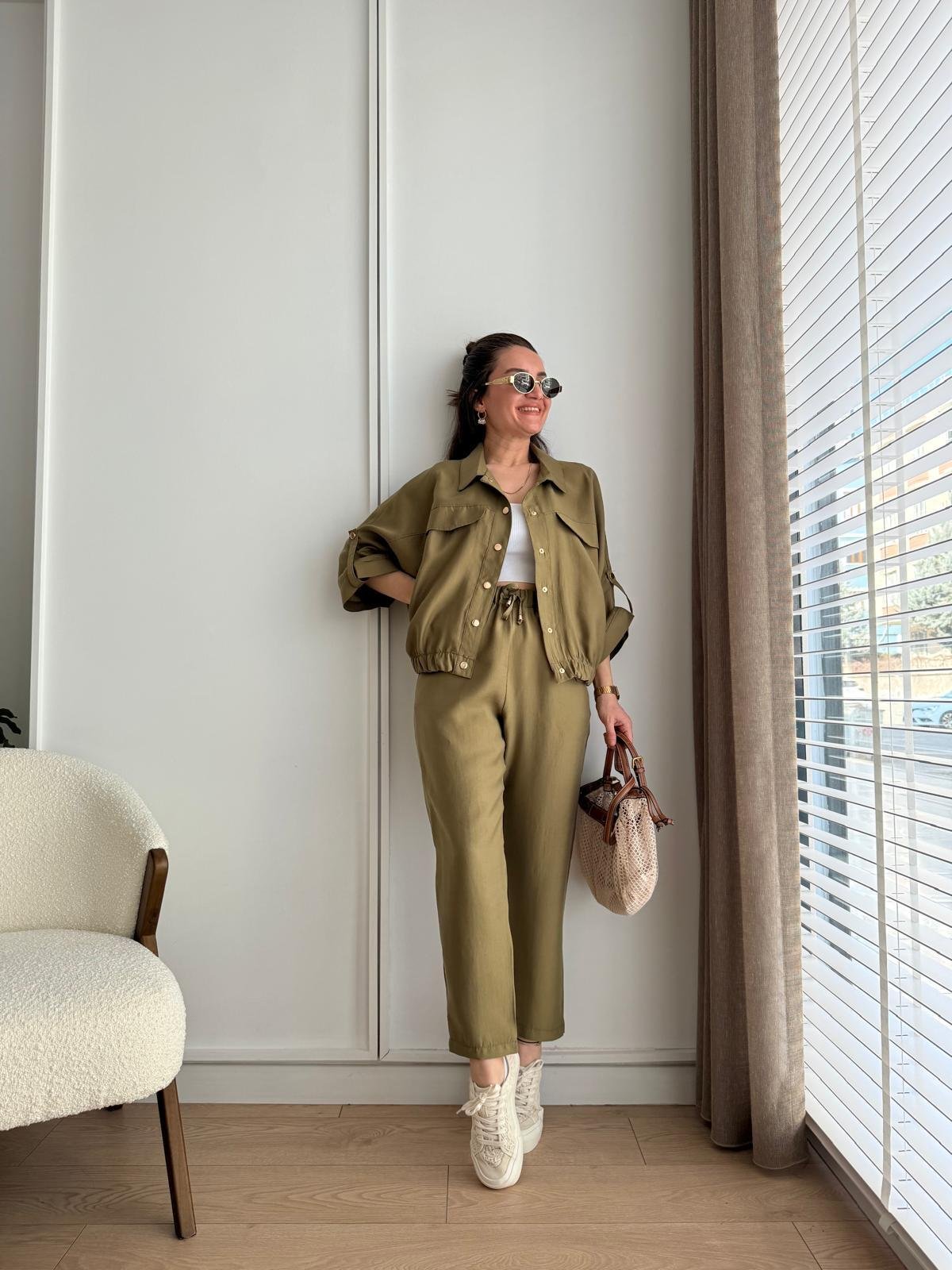 Olive Gold Çıtçıtlı Düğmeli Beli Lastikli Tensel Kumaş Takım 218