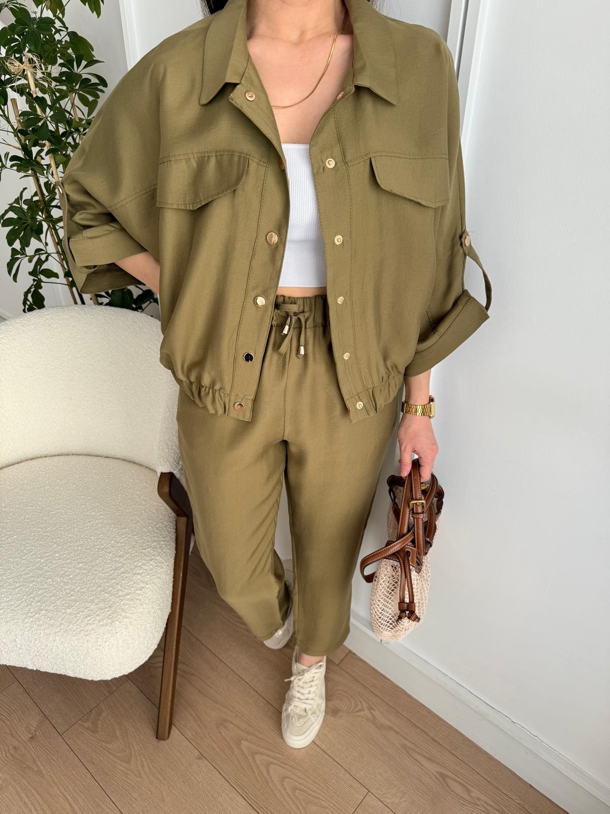 Olive Gold Çıtçıtlı Düğmeli Beli Lastikli Tensel Kumaş Takım 218