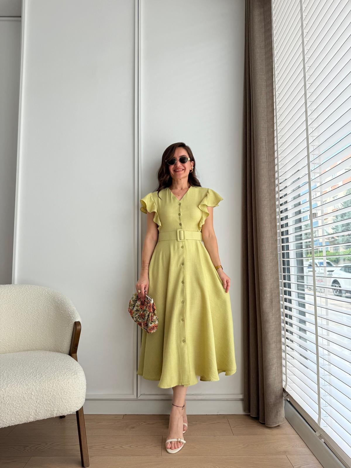 Olive Kolları Fırfır Detaylı Kemerli Midi Boy Elbise 5154