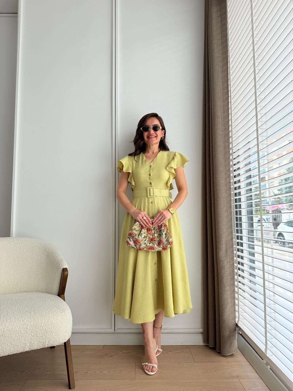 Olive Kolları Fırfır Detaylı Kemerli Midi Boy Elbise 5154
