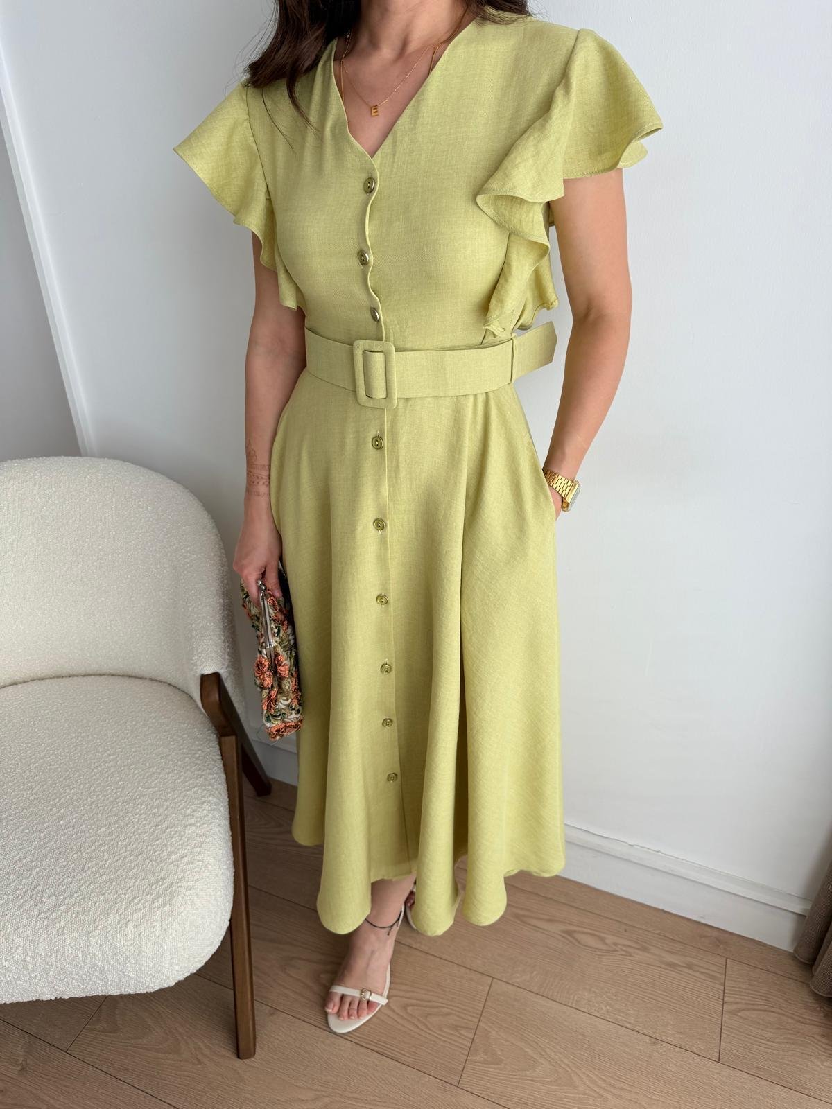 Olive Kolları Fırfır Detaylı Kemerli Midi Boy Elbise 5154