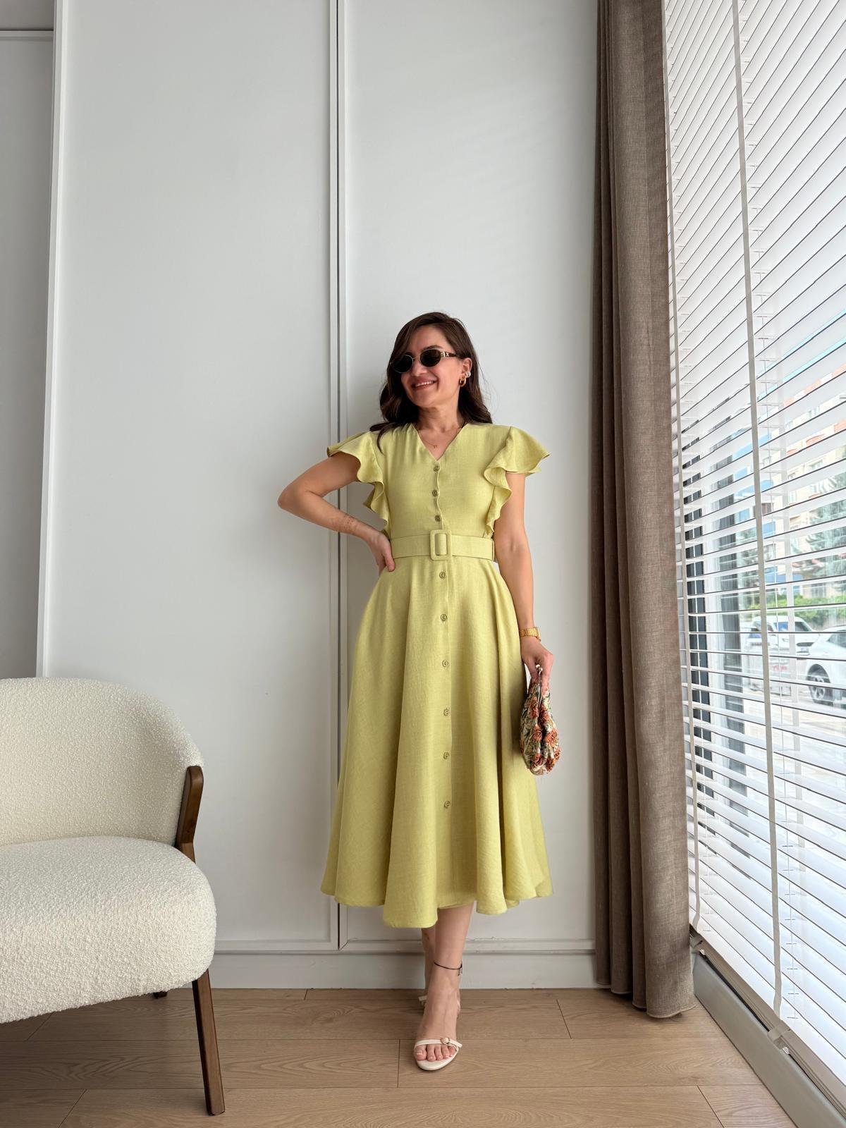 Olive Kolları Fırfır Detaylı Kemerli Midi Boy Elbise 5154