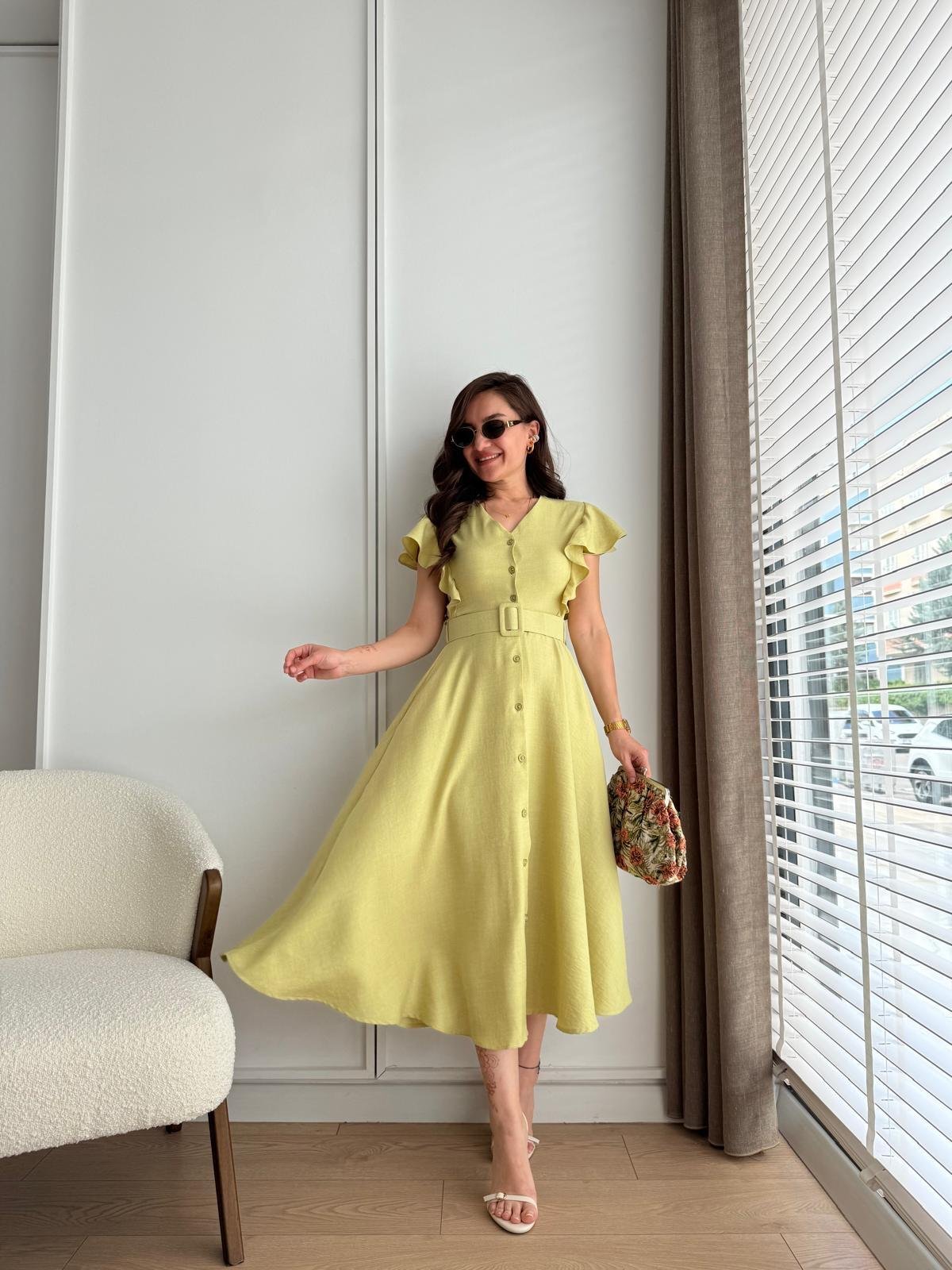 Olive Kolları Fırfır Detaylı Kemerli Midi Boy Elbise 5154