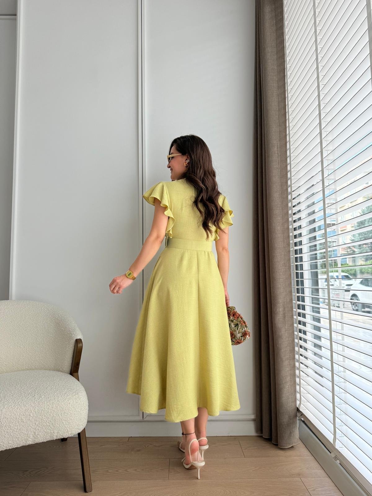 Olive Kolları Fırfır Detaylı Kemerli Midi Boy Elbise 5154