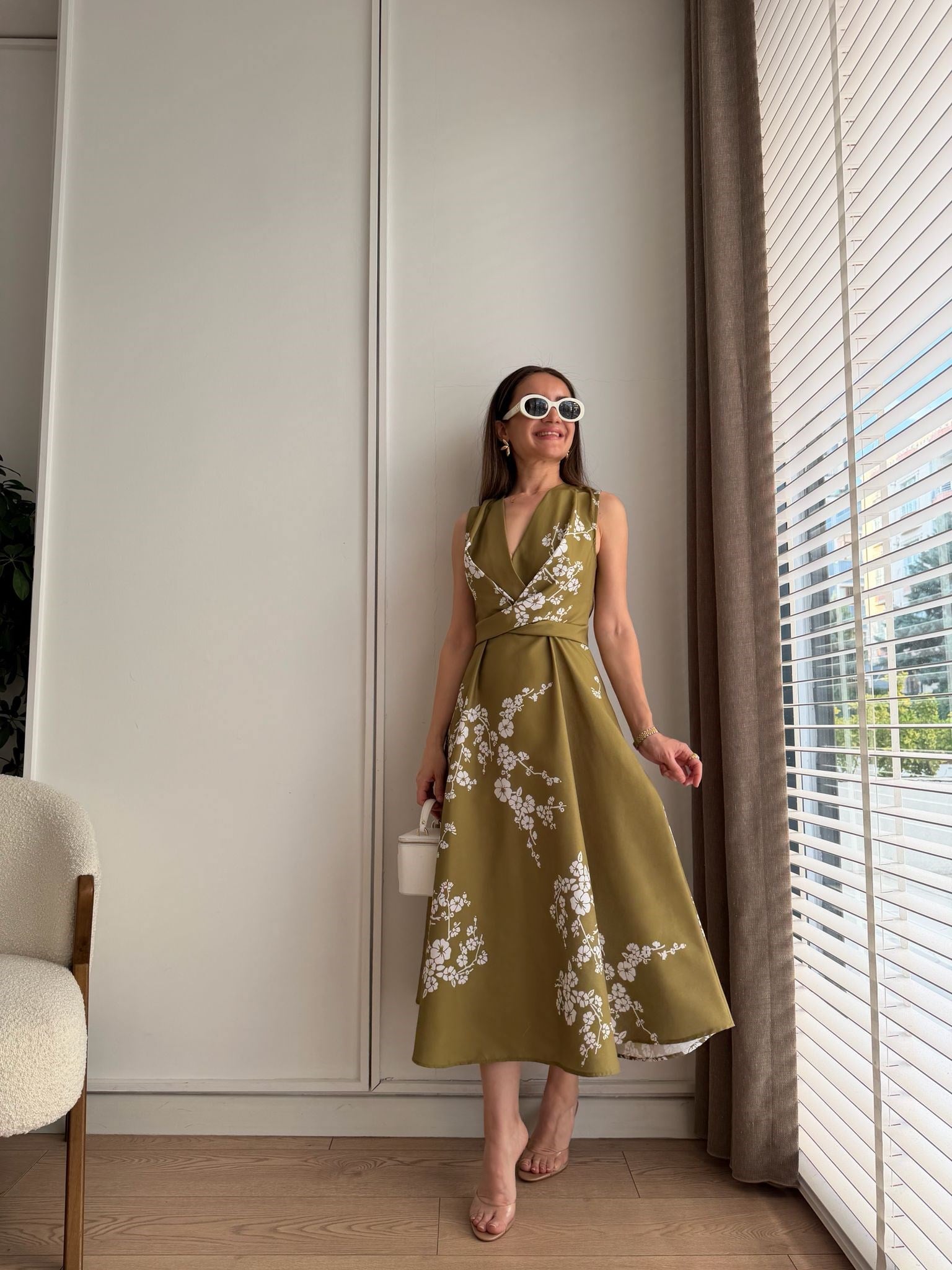 Olive Kruvaze Yaka Bel Bağlamalı Elbise 3776