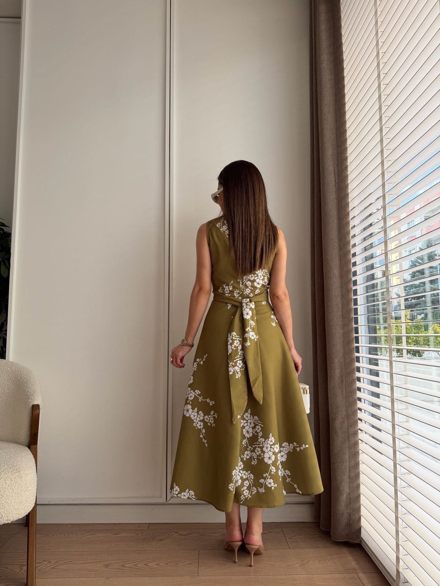 Olive Kruvaze Yaka Bel Bağlamalı Elbise 3776