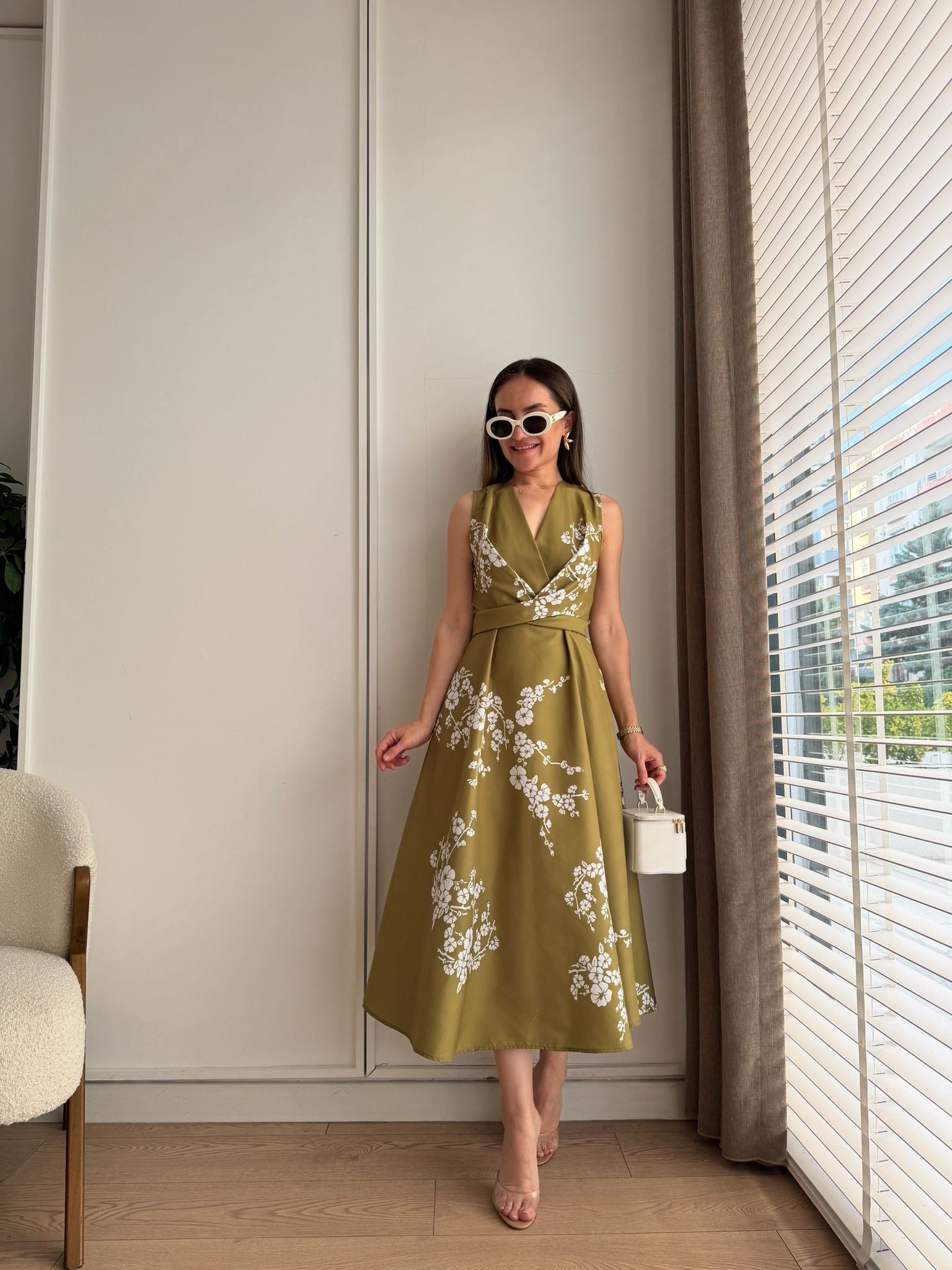 Olive Kruvaze Yaka Bel Bağlamalı Elbise 3776