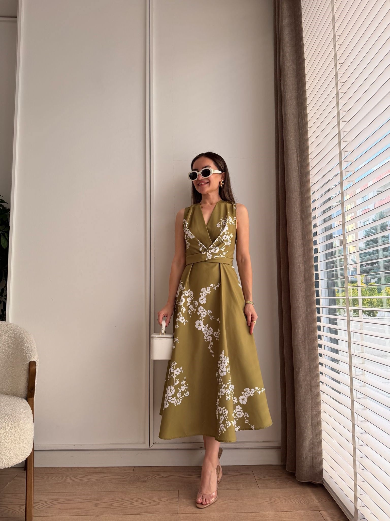 Olive Kruvaze Yaka Bel Bağlamalı Elbise 3776