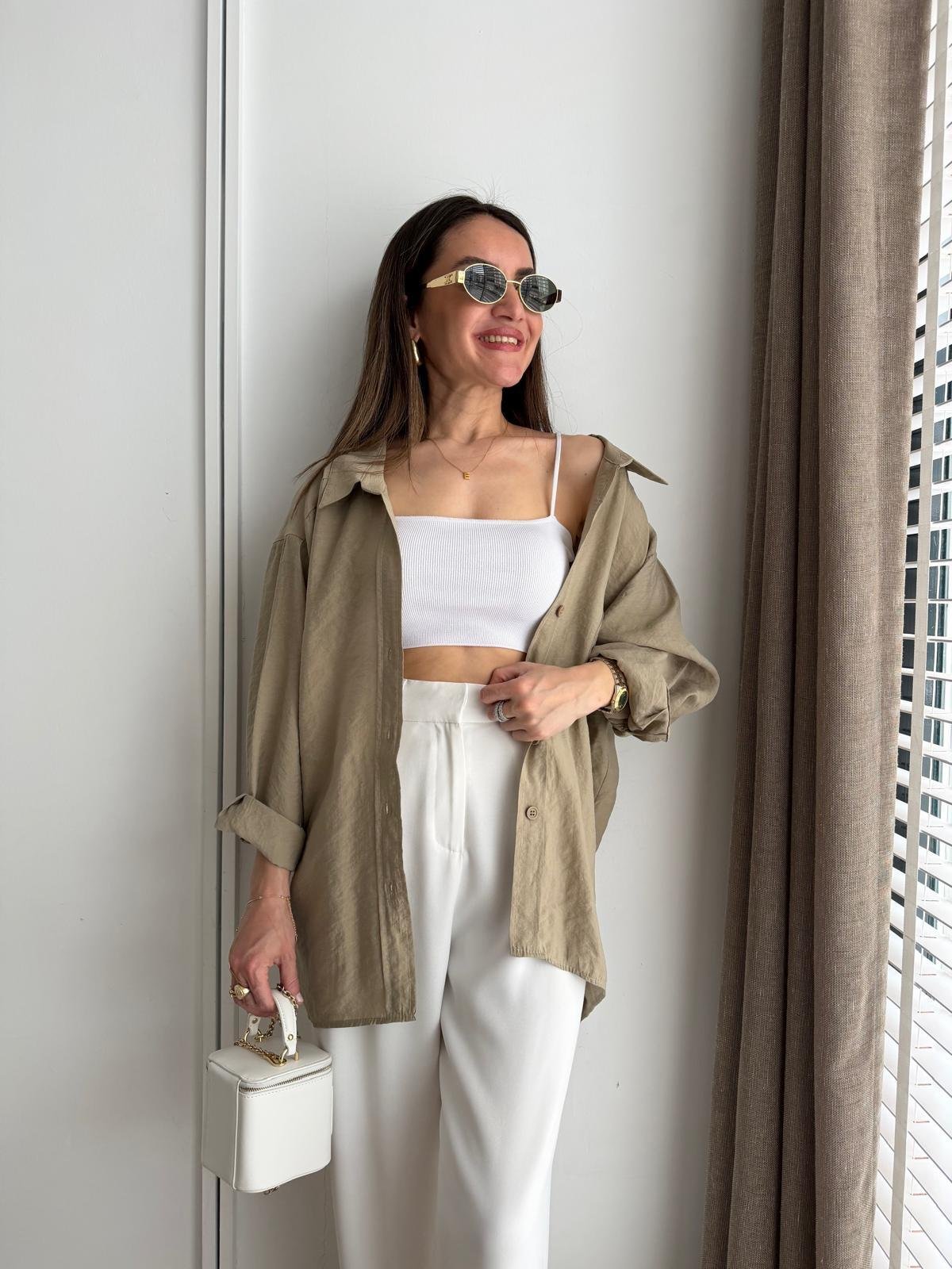 Olive Lüx Kalite Oversize Gömlek 4612