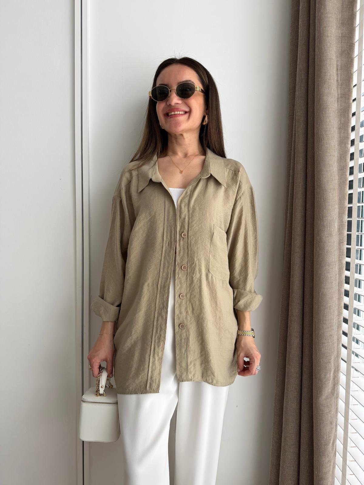 Olive Lüx Kalite Oversize Gömlek 4612