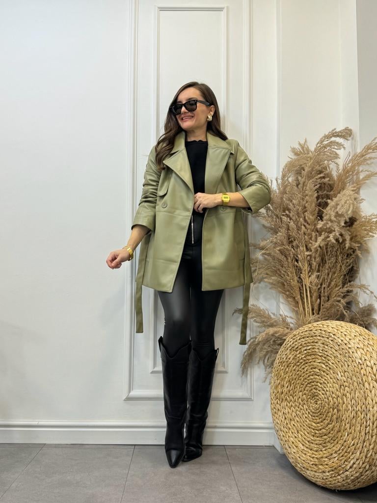 Olive Marka Premium Seri Suni Deri Kuşaklı Trençkot 9320