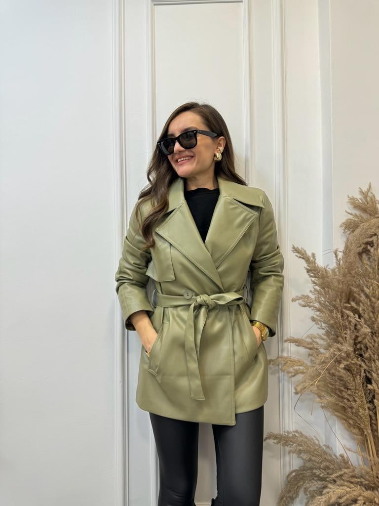 Olive Marka Premium Seri Suni Deri Kuşaklı Trençkot 9320
