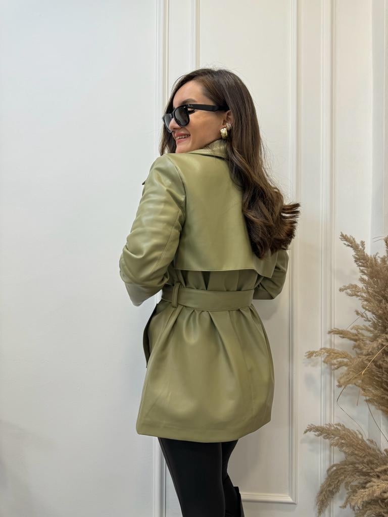 Olive Marka Premium Seri Suni Deri Kuşaklı Trençkot 9320