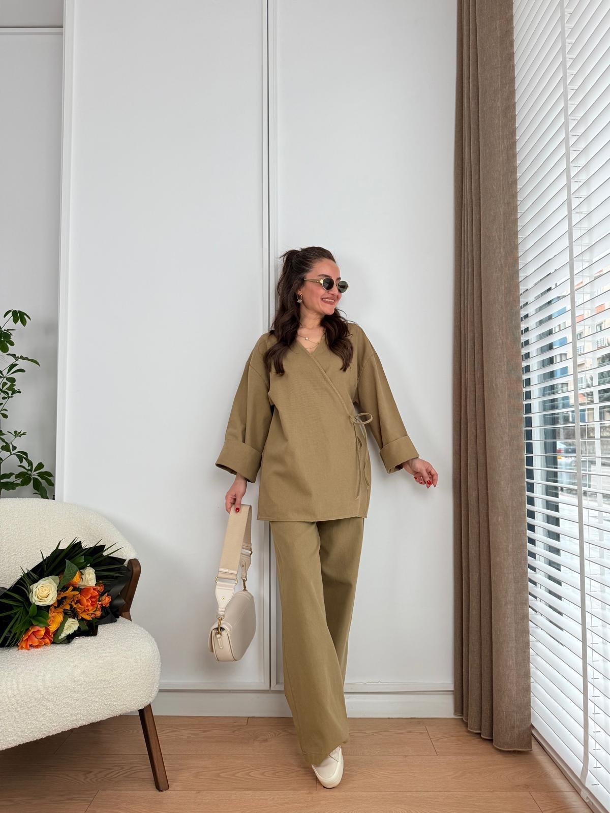 Olive Ön Bağlama Gabardin Kimono Takım 8629