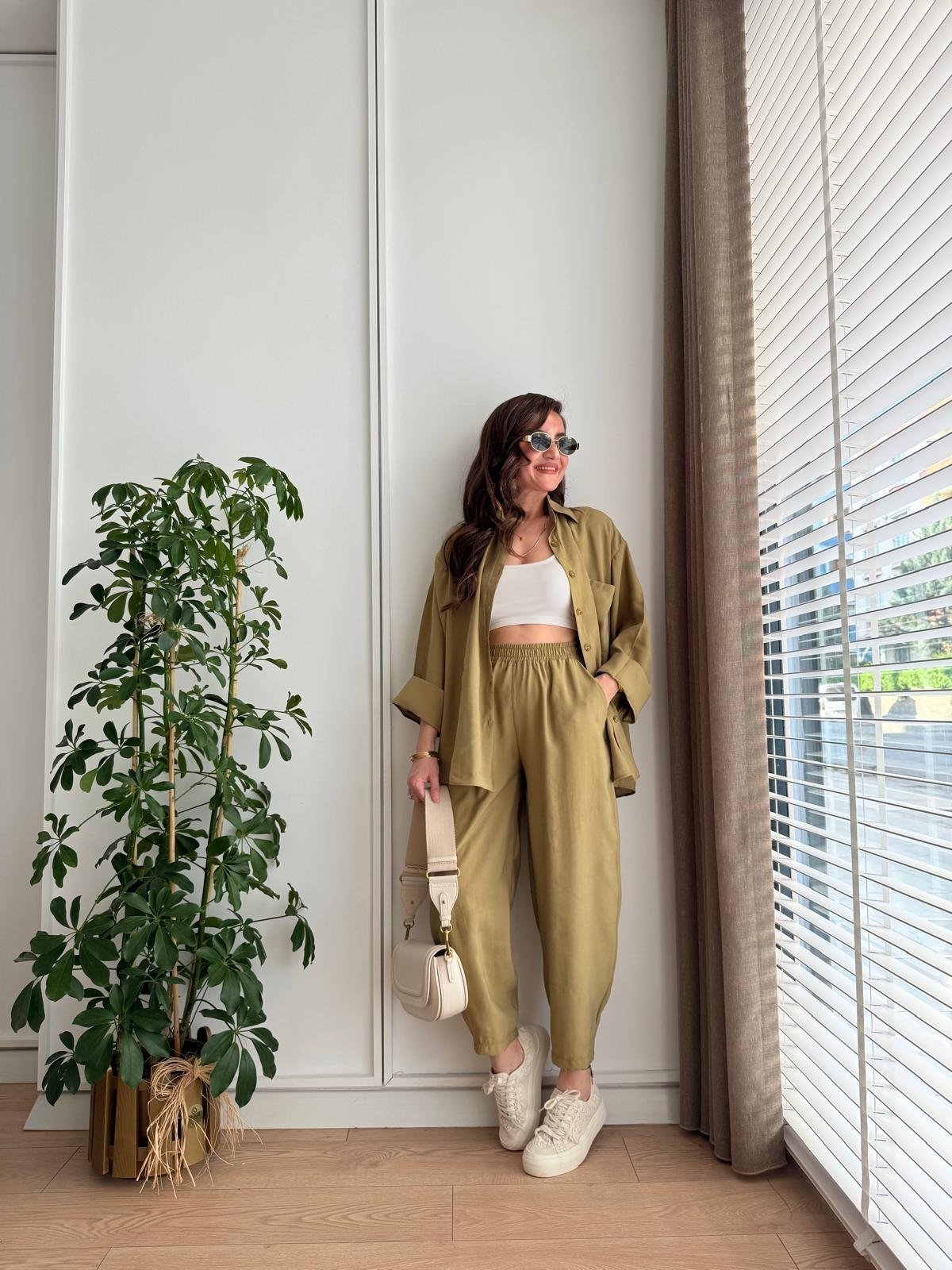 Olive Tensel Kumaş Havuç Pantolon Gömlek Takım 8561