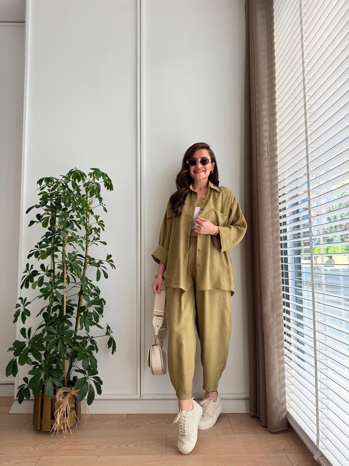 Olive Tensel Kumaş Havuç Pantolon Gömlek Takım 8561