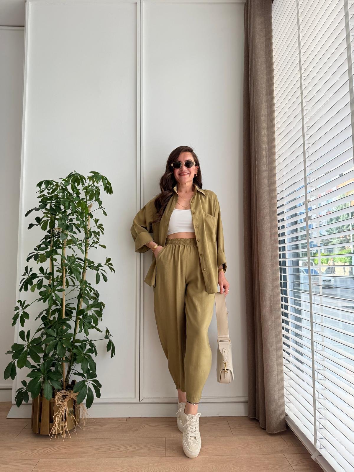 Olive Tensel Kumaş Havuç Pantolon Gömlek Takım 8561